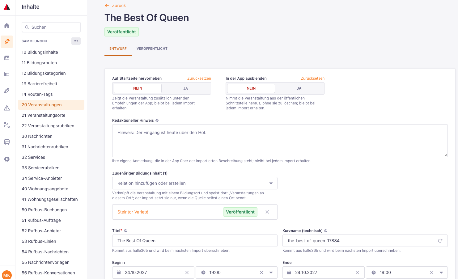 Screenshot: Contentmanagement-System – Veranstaltung bearbeiten