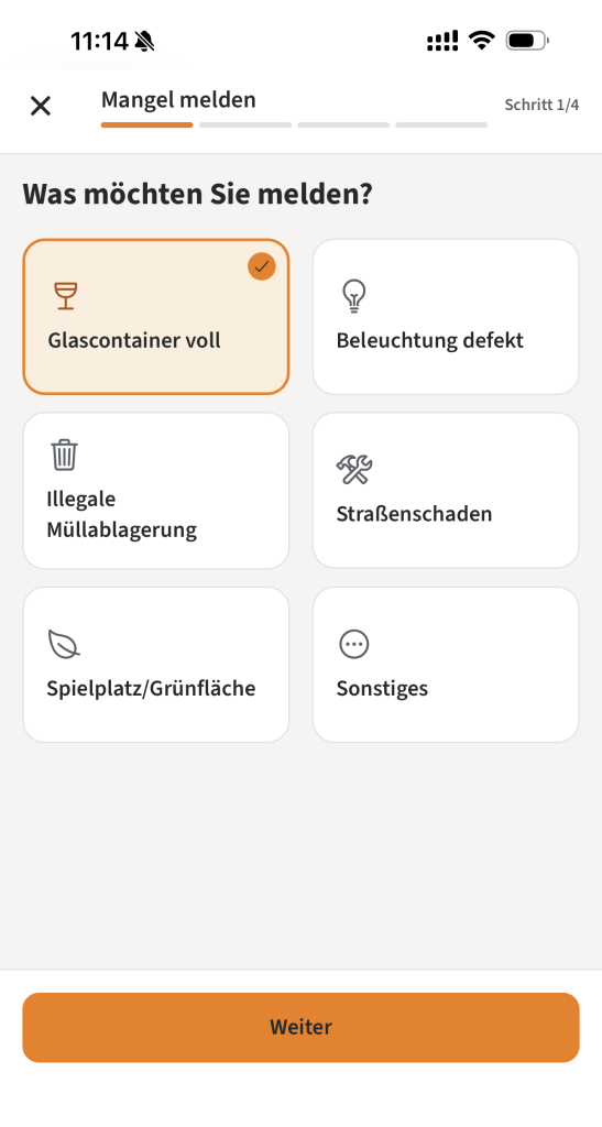 Screenshot: Mängelmelder – Auswahl der Kategorie