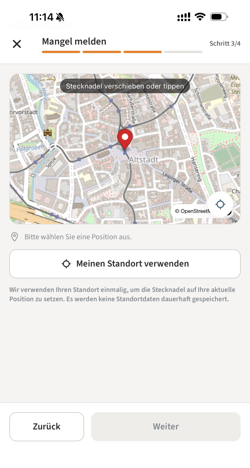 Mängelmelder Schritt 3: Ort auf der Karte festlegen