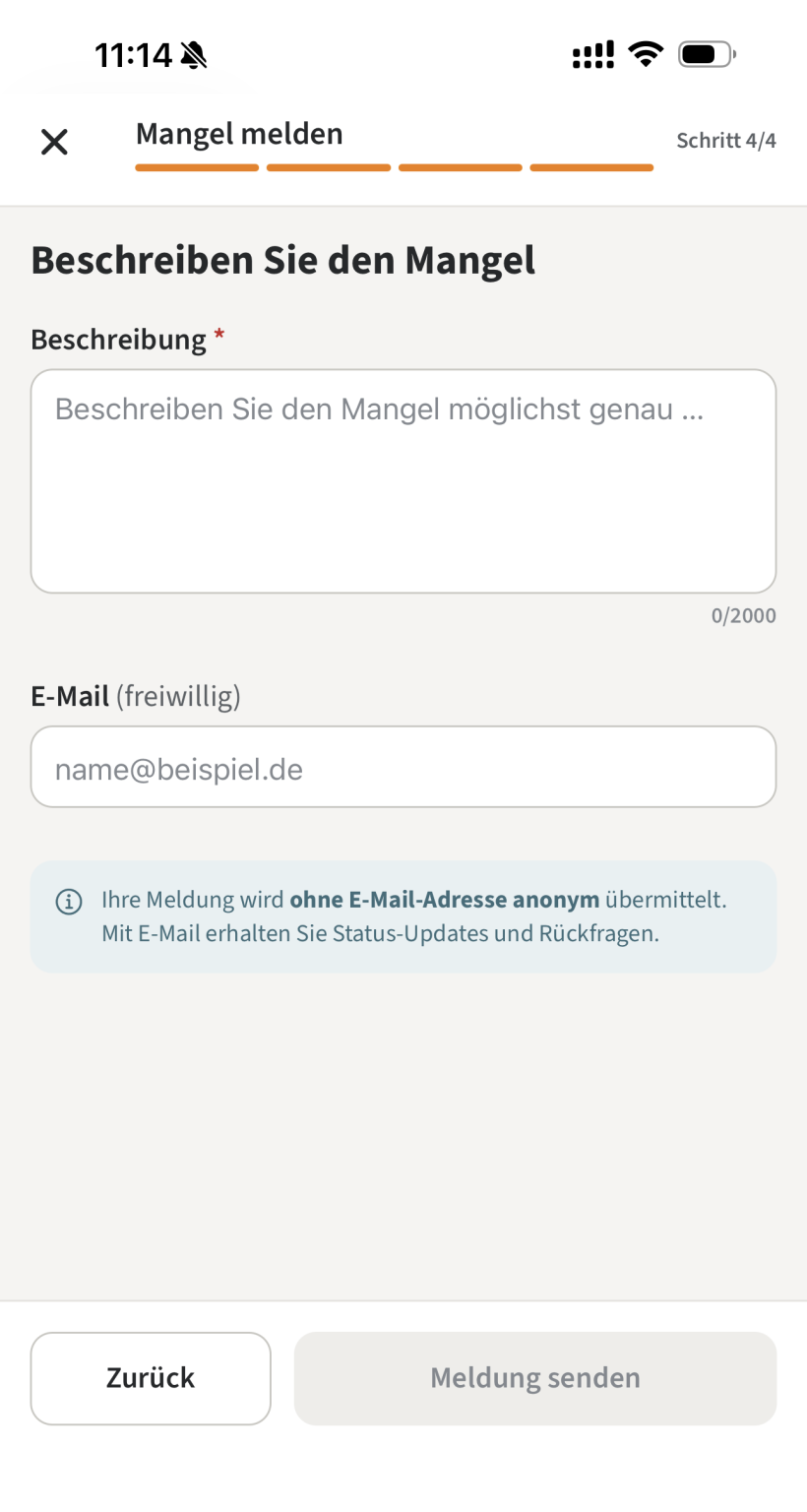Mängelmelder Schritt 4: Mangel beschreiben und senden