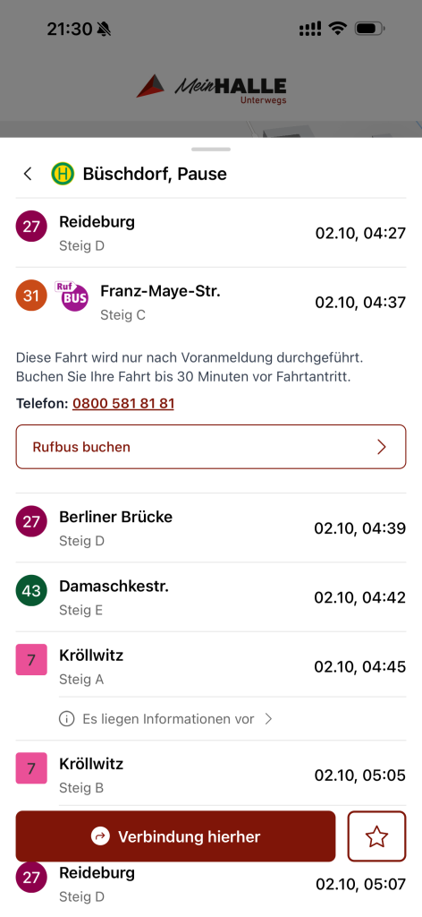 Screenshot: Rufbus-Fahrt in der Haltestellenansicht mit Buchungsmöglichkeit