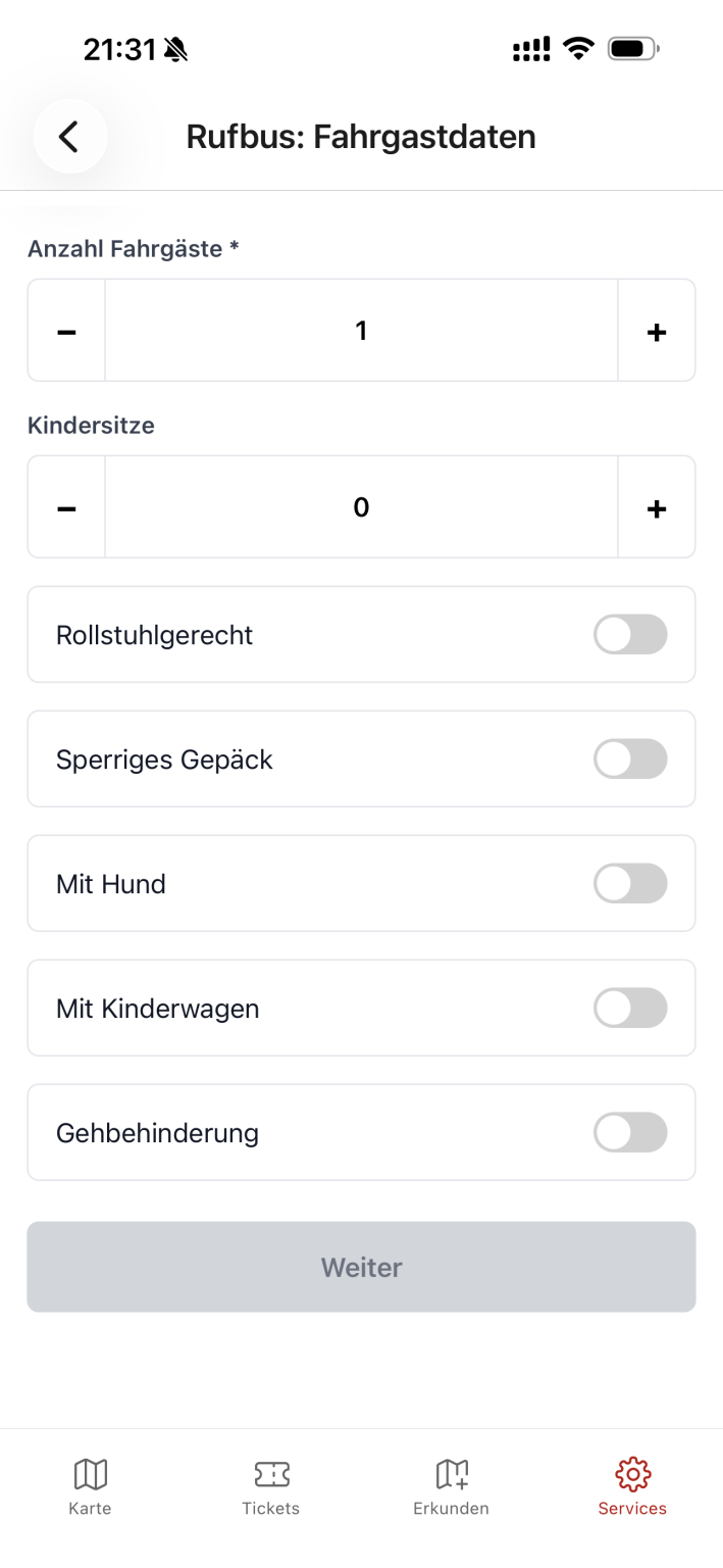 Rufbus-Buchung: Fahrgäste und Anforderungen angeben